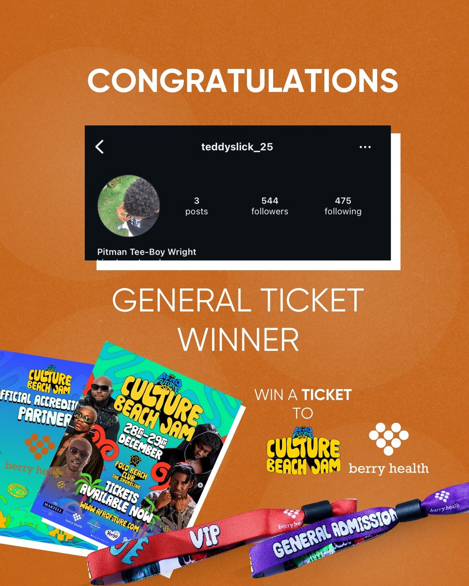 TheBerryHealth's tweet photo. 🎉 Congratulations to @nelly__evie  and @teddyslick_25 🎉
You’ve won a VIP and general Ticket respectively to the @Afrofuture  Culture Beach Jam! 🌟

Thank you for participating in our Berry Health Quiz! Stay tuned for more exciting giveaways. 💃🏽✨

Send a dm to arrange ticket collection and See you tomorrow 🎉
#BerryHealth #Afrofuture2024 #CultureBeachJam #GiveawayWinner