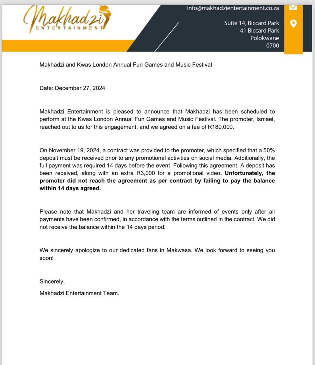 PhilMphela's tweet photo. STATEMENT: 

Makhadzi was not paid her full fee

In a statement following social media reports on the chaos that happened in Makwasi, Makhadzi’s management says only a deposit of the R108k fee was paid. 

With promoter having failed to pay the balance 14 days before the event, the star did not show up for the event. 

The promoter egregiously misled the fans and used a Makhadzi look-alike for the performance — per videos shared by fans. 

#KgopoloReports