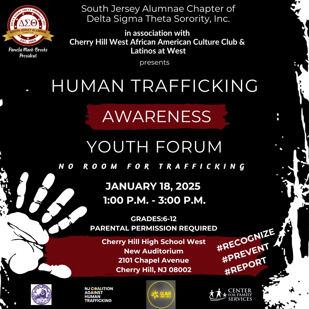 January is National Human Trafficking Month and the South Jersey Alumnae Chapter of Delta Sigma Theta Sorority Inc. invites you to attend our Human Trafficking Youth Forum.
#DST1913 #SouthJerseyAlumnae #HumanTraffickingAwareness