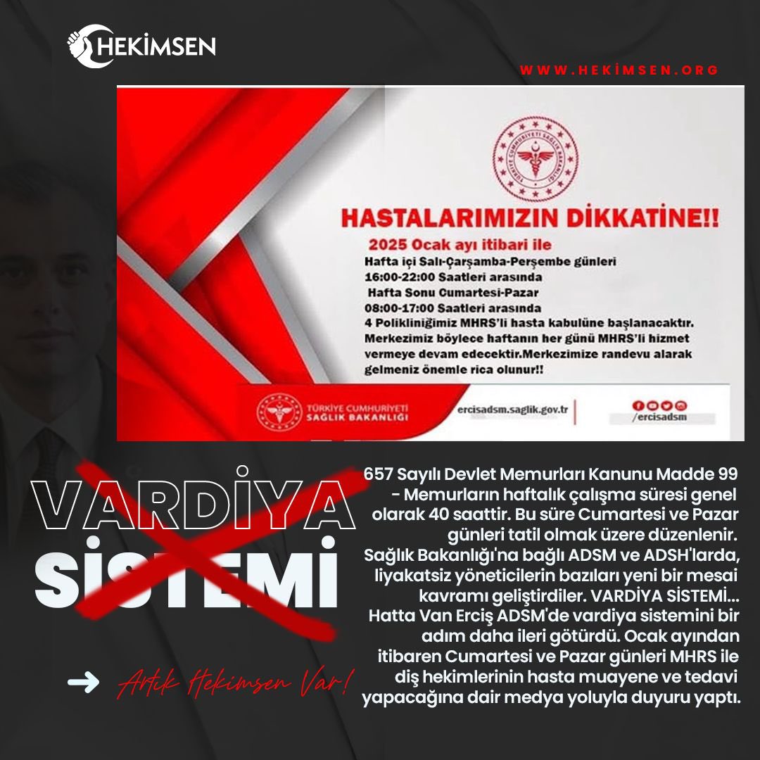 657 Sayılı Devlet Memurları Kanunu Madde 99 - Memurların haftalık çalışma süresi genel olarak 40 saattir. Bu süre Cumartesi ve Pazar günleri tatil olmak üzere düzenlenir.
Sağlık Bakanlığı'na bağlı ADSM ve ADSH'larda, liyakatsiz yöneticilerin bazıları yeni bir mesai kavramı