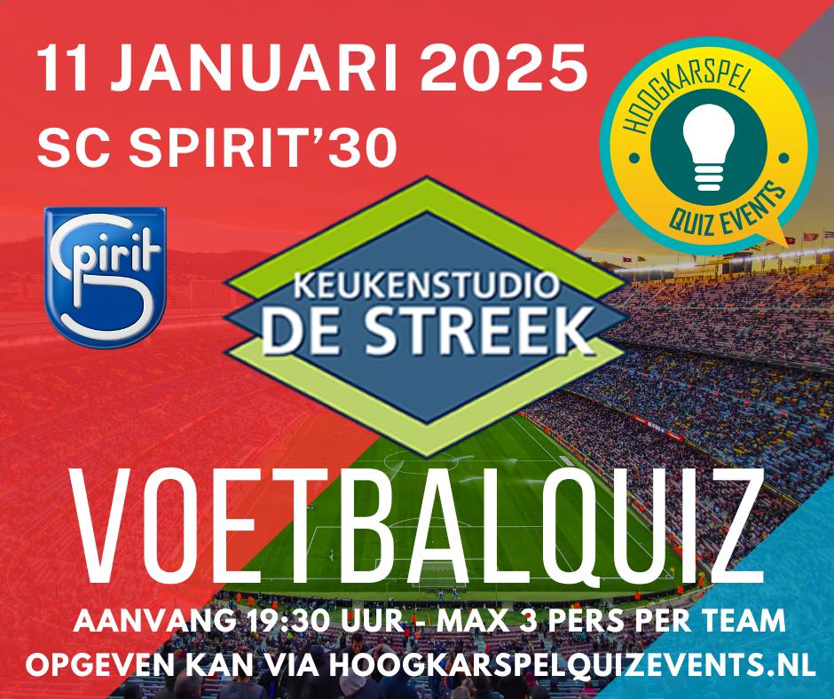 Nog maar een paar teams kunnen zich opgeven en dan zitten we met 50 teams nokkie vol!!! Bij <a href="/SCSPIRIT30/">SC Spirit '30</a> gaan we voor de 20e keer de Keukenstudio de Streek Voetbalquiz spelen. Vele mooie prijzen. Opgeven in teams van 3 personen (€5 pp) via Hoogkarspelquizevents.nl