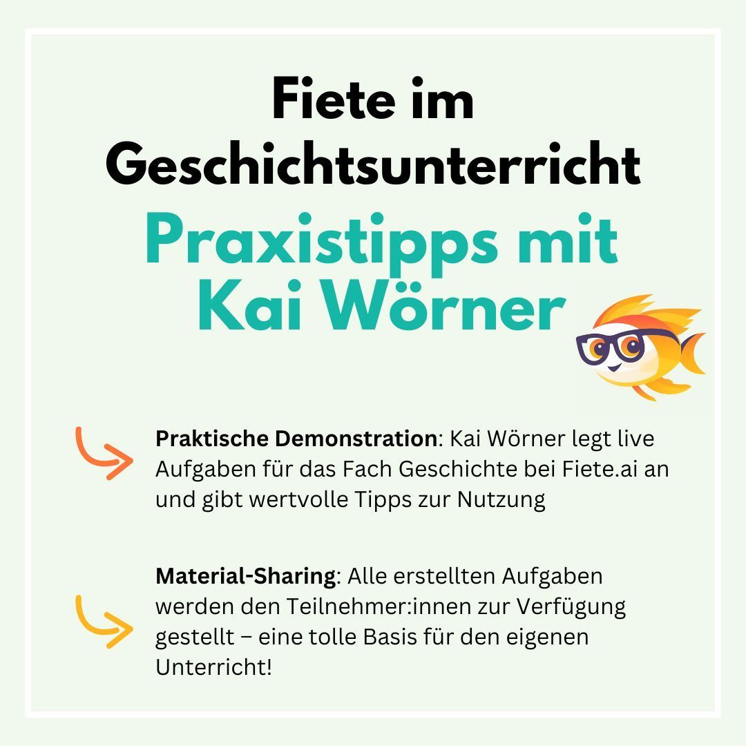 📢 Das neue Jahr startet gleich mit einem Webinar-Highlight: @woereal.bsky.social zeigt euch ganz praktisch, wie ihr Fiete im Geschichtsunterricht gewinnbringend einsetzen könnt. Das beste: Kai erstellt mit euch zusammen Aufgaben und teilt seine Aufgaben im Anschluss mit euch!