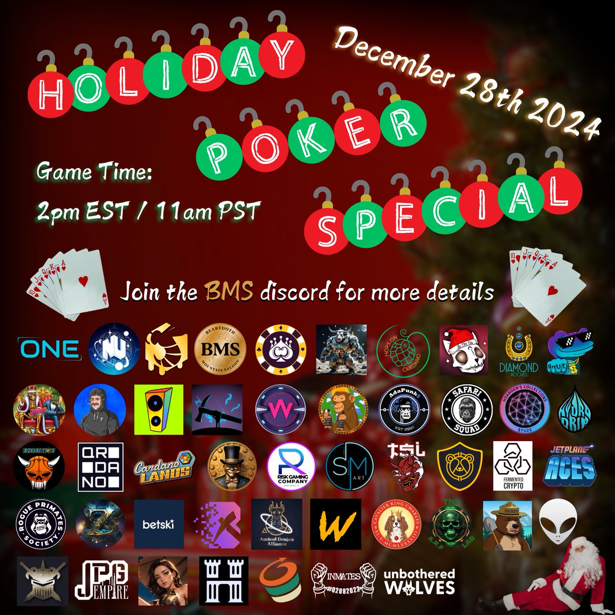 Join us as we kick things off with a special pregame space featuring over 40 projects sponsoring the poker tournament! 🃏✨

📅 Date: Dec 28th
⏰ Time: 10 AM MST

Don’t miss the action—see you there! 🚀

Join here: x.com/i/spaces/1YqKD…

Event Details Below 👇

🎅🏼 Holiday Poker