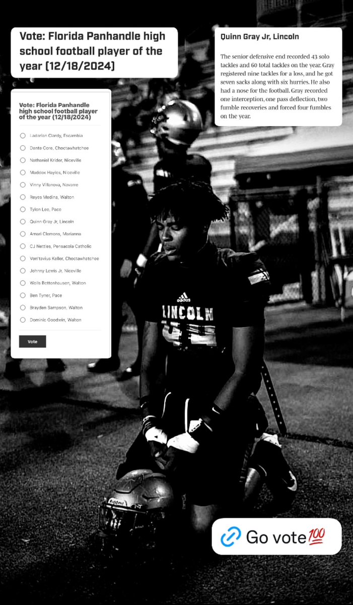 Quinn Gray Jr. (@quinngrayjr) on Twitter photo Mannnnn beyond greatful and blessed to not only be nominated for DPOY but Highschool POTY! Nobody to thank but the man above and the teammates and coaches I played alongside with! <a href="/omarb5544/">Omar Brown</a> <a href="/CoachMcCrayLHS/">Brandon Moses McCray</a> <a href="/MrEliDubble/">Coach Eli Will</a>
si.com/high-school/fl… Mannnnn beyond greatful and blessed to not only be nominated for DPOY but Highschool POTY! Nobody to thank but the man above and the teammates and coaches I played alongside with! <a href="/omarb5544/">Omar Brown</a> <a href="/CoachMcCrayLHS/">Brandon Moses McCray</a> <a href="/MrEliDubble/">Coach Eli Will</a>
si.com/high-school/fl…