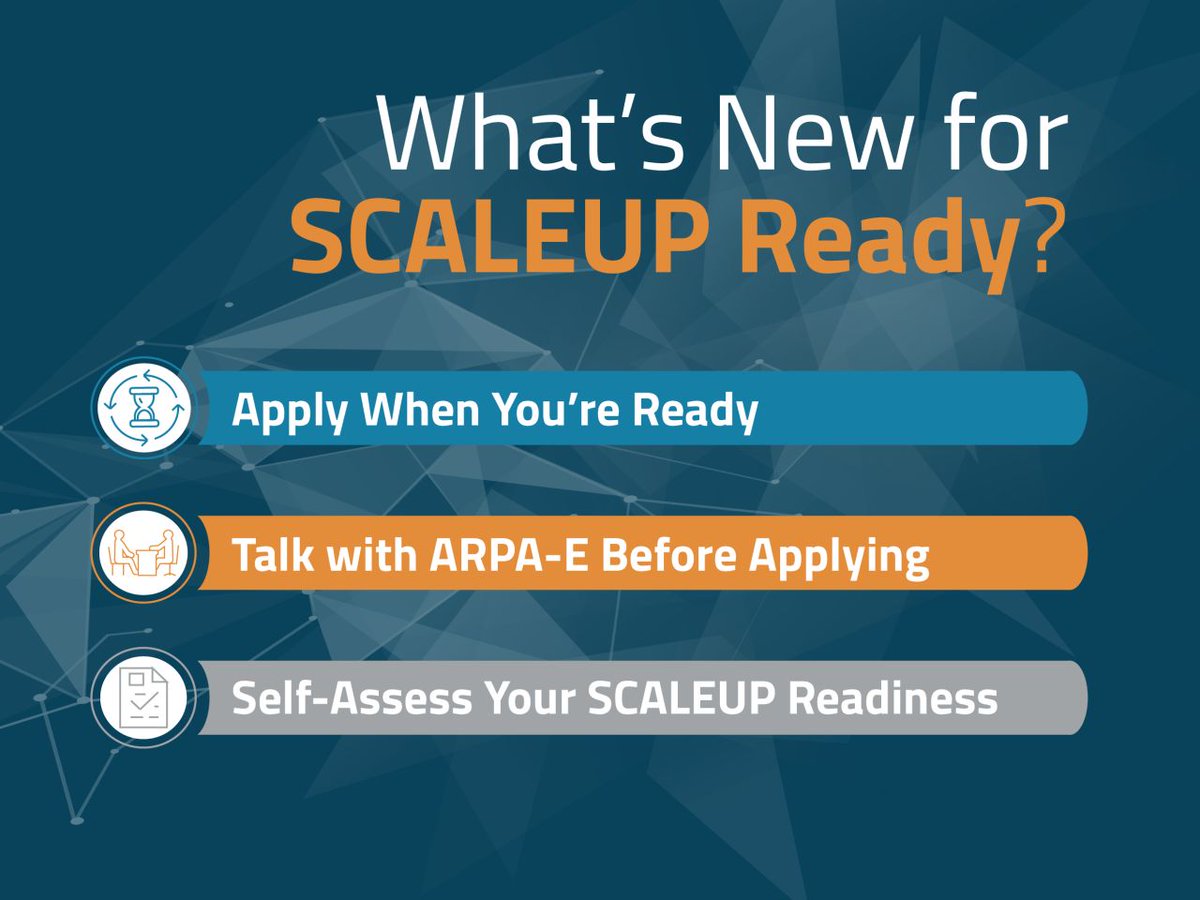 ARPAE's tweet photo. ARPA-E's SCALEUP Ready program is more flexible than ever before. How?

- Apply when you're ready - applications are accepted on a rolling basis
- Talk with a T2M Advisor prior to applying
- Gauge your readiness with our self-assessment tool

Learn more: https://t.co/KuksWCDxlo https://t.co/e4z17CamjF