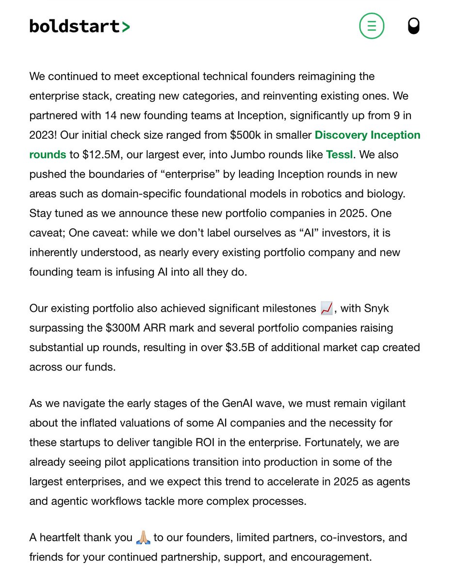 Ed Sim (@edsim) on Twitter photo Here's our <a href="/Boldstartvc/">boldstart ventures</a> 2024 recap
🙏🏼 to all of our amazing founders, VC co-investors, strategic partners, + LPs.
This was one of our most active years ever. + it's still just the early innings for AI in the enterprise.
Read more: boldstart.vc/news/boldstart… Here's our <a href="/Boldstartvc/">boldstart ventures</a> 2024 recap
🙏🏼 to all of our amazing founders, VC co-investors, strategic partners, + LPs.
This was one of our most active years ever. + it's still just the early innings for AI in the enterprise.
Read more: boldstart.vc/news/boldstart…
