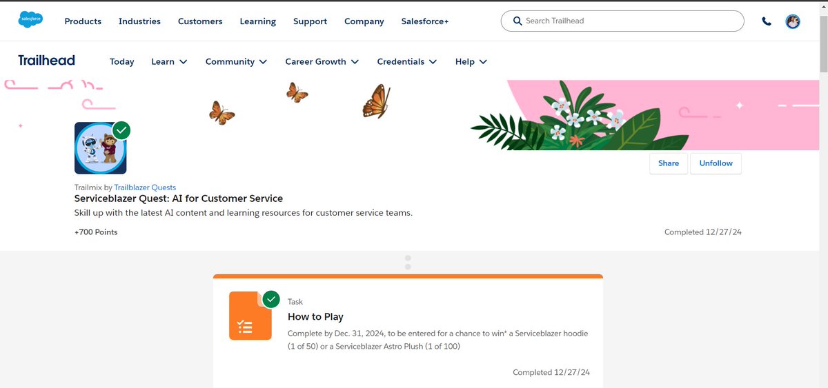 Hello Everyone I Just Completed #serviceblazerQuest Follow this trailmix, aka your custom learning playlist: Serviceblazer Quest: AI for Customer Service #trailmixitup trailhead.salesforce.com/users/teamtrai… 

#TrailblazerQuest #SFSweepstakes <a href="/salesforce/">Salesforce</a> <a href="/SalesforceAdmns/">Salesforce Admins</a>