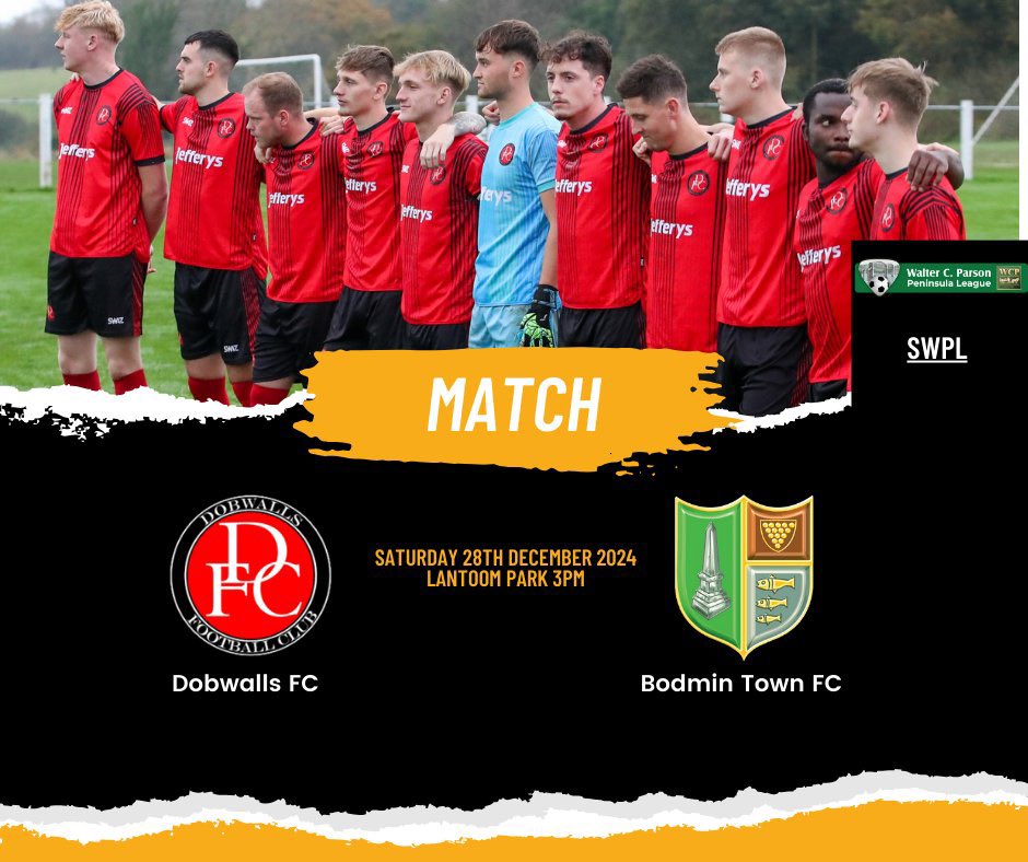 Dobwalls FC (@dobwallsfc) on Twitter photo ๐๏ธโฝ๏ธ WEEKEND FOOTBALL
The first team host <a href="/FCBodminTown/">Bodmin Town AFC</a> in <a href="/swpleague/">WALTER C. PARSON PENINSULA LEAGUE</a> action tomorrow.
Kick off 3pm
<a href="/KJMsport57/">Kevin Marriott</a> <a href="/PLsportsnews/">PlymouthSportsNews</a> <a href="/Cornishfootball/">Dave Deacon</a> <a href="/swsportsnews/">South West Sports News</a> <a href="/sportscornwall/">Cornwall Sports Media</a>
#DobwallsFC ๐๏ธโฝ๏ธ WEEKEND FOOTBALL
The first team host <a href="/FCBodminTown/">Bodmin Town AFC</a> in <a href="/swpleague/">WALTER C. PARSON PENINSULA LEAGUE</a> action tomorrow.
Kick off 3pm
<a href="/KJMsport57/">Kevin Marriott</a> <a href="/PLsportsnews/">PlymouthSportsNews</a> <a href="/Cornishfootball/">Dave Deacon</a> <a href="/swsportsnews/">South West Sports News</a> <a href="/sportscornwall/">Cornwall Sports Media</a>
#DobwallsFC