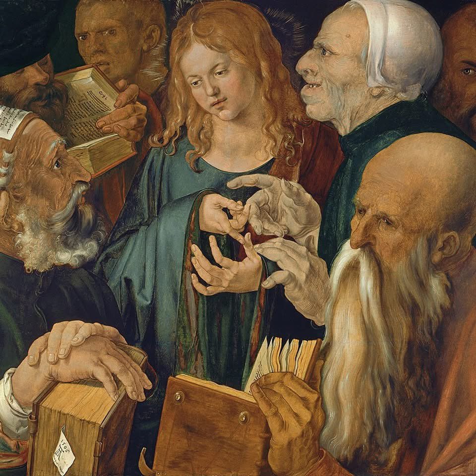 "Y todos los que le oían se maravillaban de su inteligencia y de sus respuestas." 
- Lucas 2:47

Realizada en 1506, "Cristo entre los doctores" es una obra maestra de Albrecht Dürer, destacada por su riqueza de detalles y profundidad. La pintura representa un episodio del
