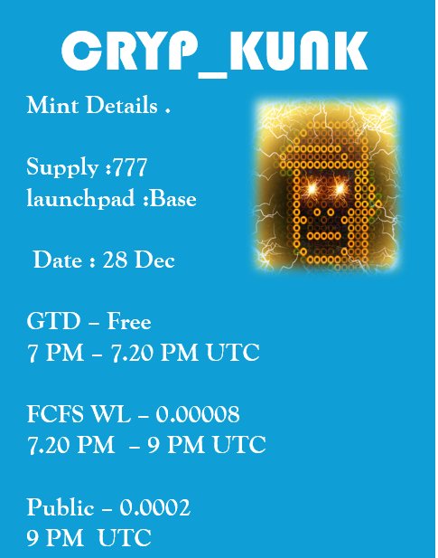 AAlzobeari's tweet photo. We announce our collaboration with @crypkunk 🥳
🔵20× WL
3× GTD
#Baschain 
#BASED
To Win🏆
👉Follow @AAlzobeari &amp; 
@crypkunk
👉Join Telegram
https://t.co/svEt0QOfUB
👉Like&amp;RT 
👉Tag 3friends
👉Drop #BASE wallet
12h🕰️ 
#NFTfam #NFTs #nftnow #GiveawayAlerts #MagicEden #apechainnft https://t.co/KYY6TAPabl
