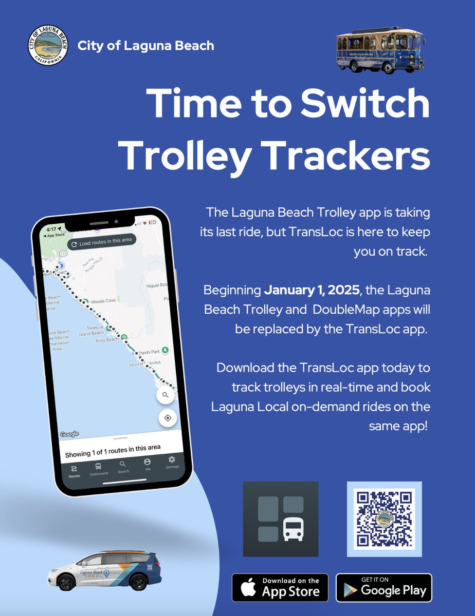 Beginning January 1, 2025, the Laguna Beach Trolley and DoubleMap apps will be replaced by the TransLoc app.

Download the TransLoc app today to track trolleys in real-time and book Laguna Local on-demand rides!

Scan the QR code or visit transloc.com/app.
