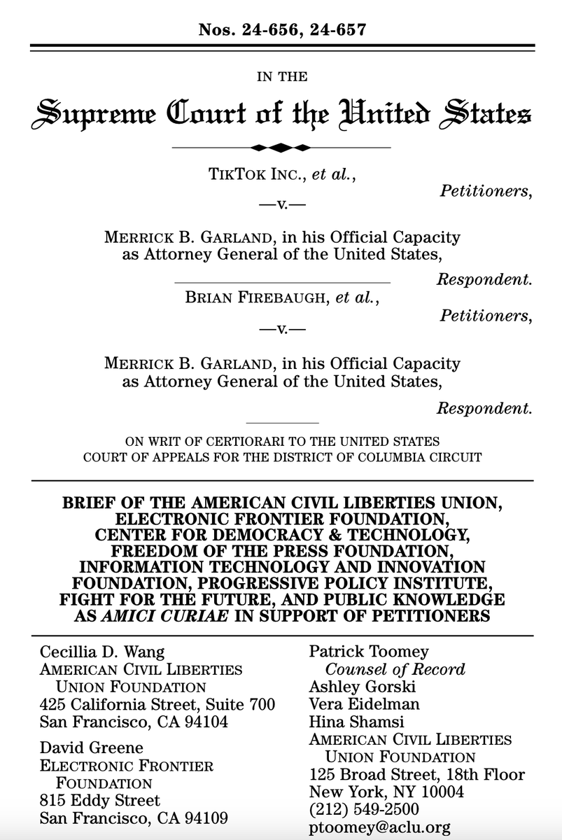 PatrickCToomey's tweet photo. NEW: ACLU and partners file brief urging the Supreme Court to strike down the TikTok ban. 

Banning this social media platform would trample on the constitutional rights of over 170 million Americans. https://t.co/HPqmlYf75r
