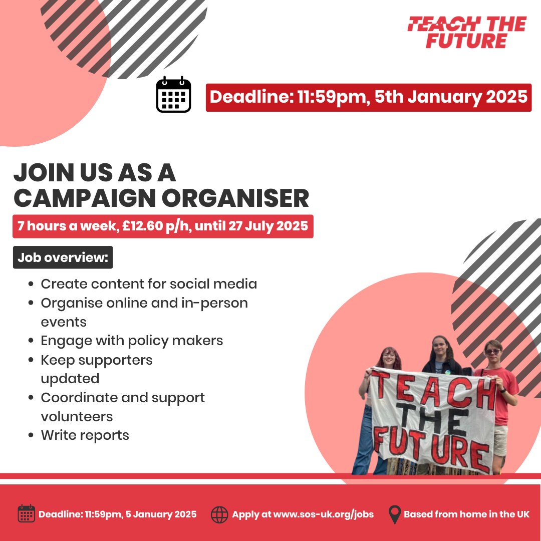 Students Organising for Sustainability🌍 (@sosukcharity) on Twitter photo We are #Hiringnow!
⭐Join our amazing team at <a href="/_TeachtheFuture/">Teach the Future</a> as a Campaign Organiser.
⏳Deadline: 11:59 PM, 5 January 2025
👉Find out more and apply at: sos-uk.org/jobs We are #Hiringnow!
⭐Join our amazing team at <a href="/_TeachtheFuture/">Teach the Future</a> as a Campaign Organiser.
⏳Deadline: 11:59 PM, 5 January 2025
👉Find out more and apply at: sos-uk.org/jobs