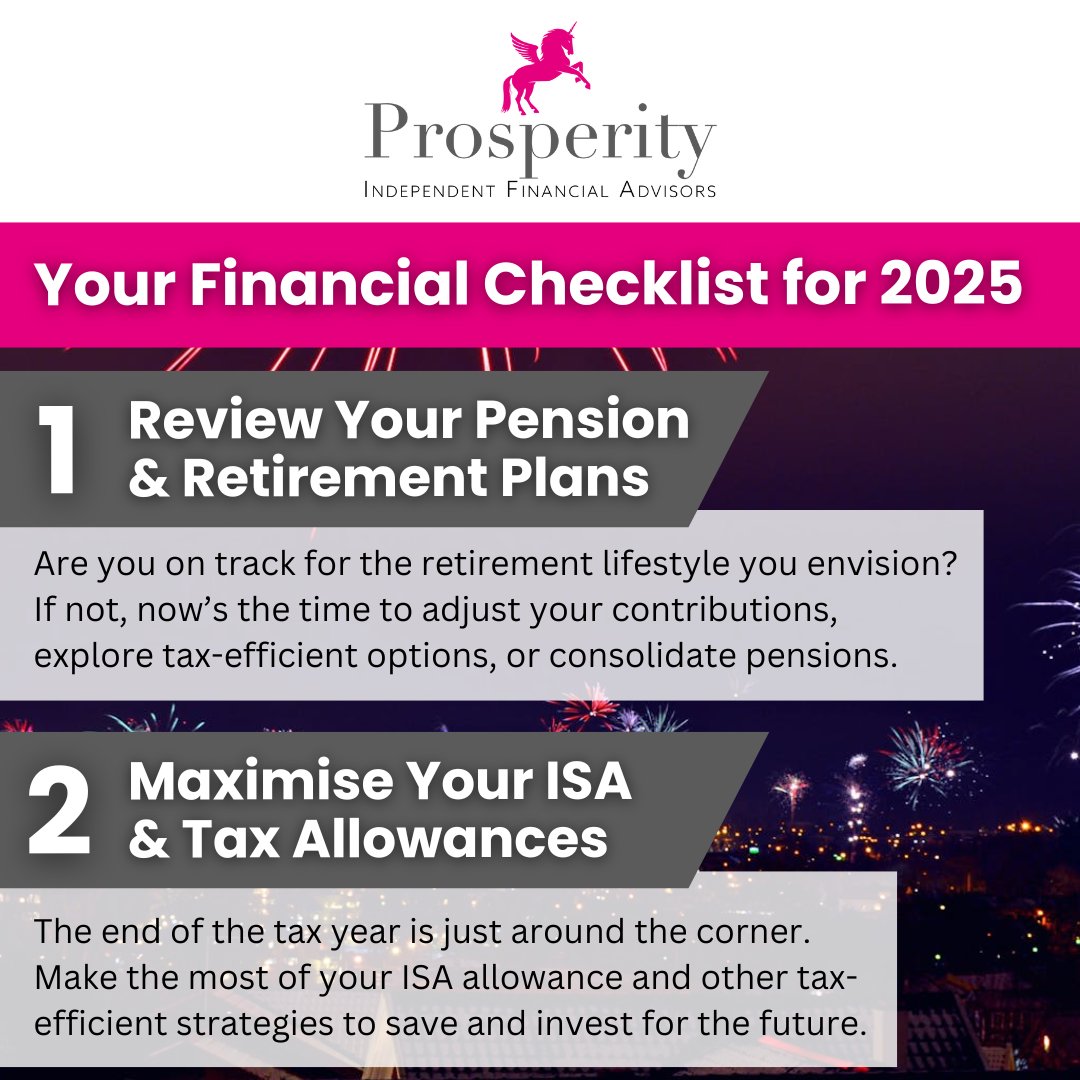 ProsperityIFA's tweet photo. The start of a new year is the perfect opportunity to take a fresh look at your finances. Here’s a step-by-step checklist to help you set the foundation for a secure and prosperous 2025:

#prosperity #prosperityIFA #finance #financialadvice #uk #wealth #wealthmanager https://t.co/HgBOLM3N60