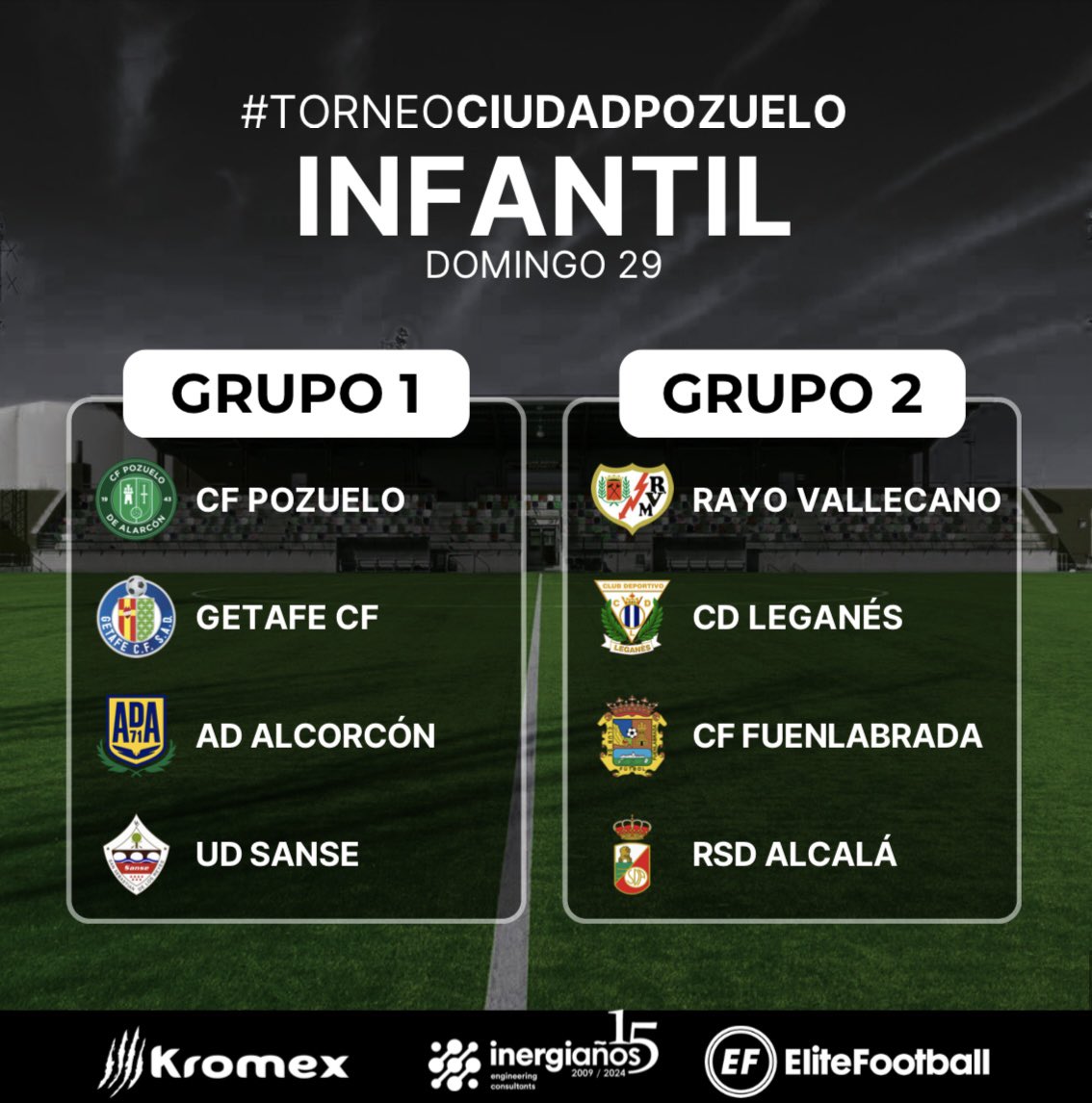 🎉 ¡Mañana es el gran día! Empieza la I edición del Torneo Ciudad de Pozuelo

Podrás seguir todos los partidos en DIRECT🔴 del campo principal en nuestro canal Youtube 

📍 Os esperamos mañana en el Valle de las Cañas para disfrutar del fútbol