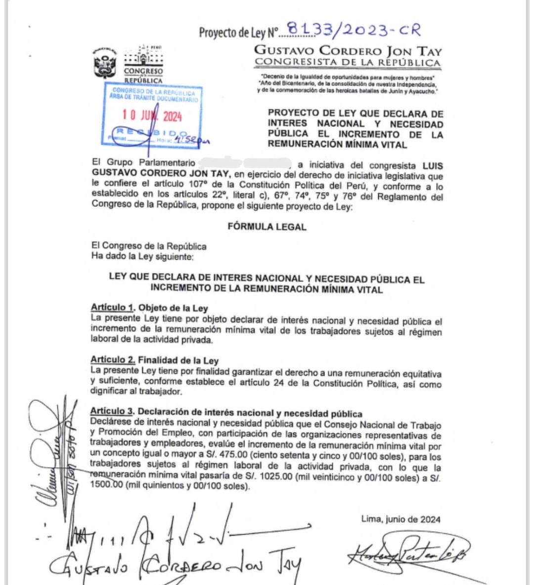 Incremento en S/. 105 de la Remuneración Mínima Vital, anunciado por la presidente, es insuficiente.  El 10/06/2024 presenté el PL 8133/2023-CR para que el Consejo Nacional de Trabajo evalúe un aumento de S/. 475 y una RMV de S/. 1500, considerando el alza del costo de vida.