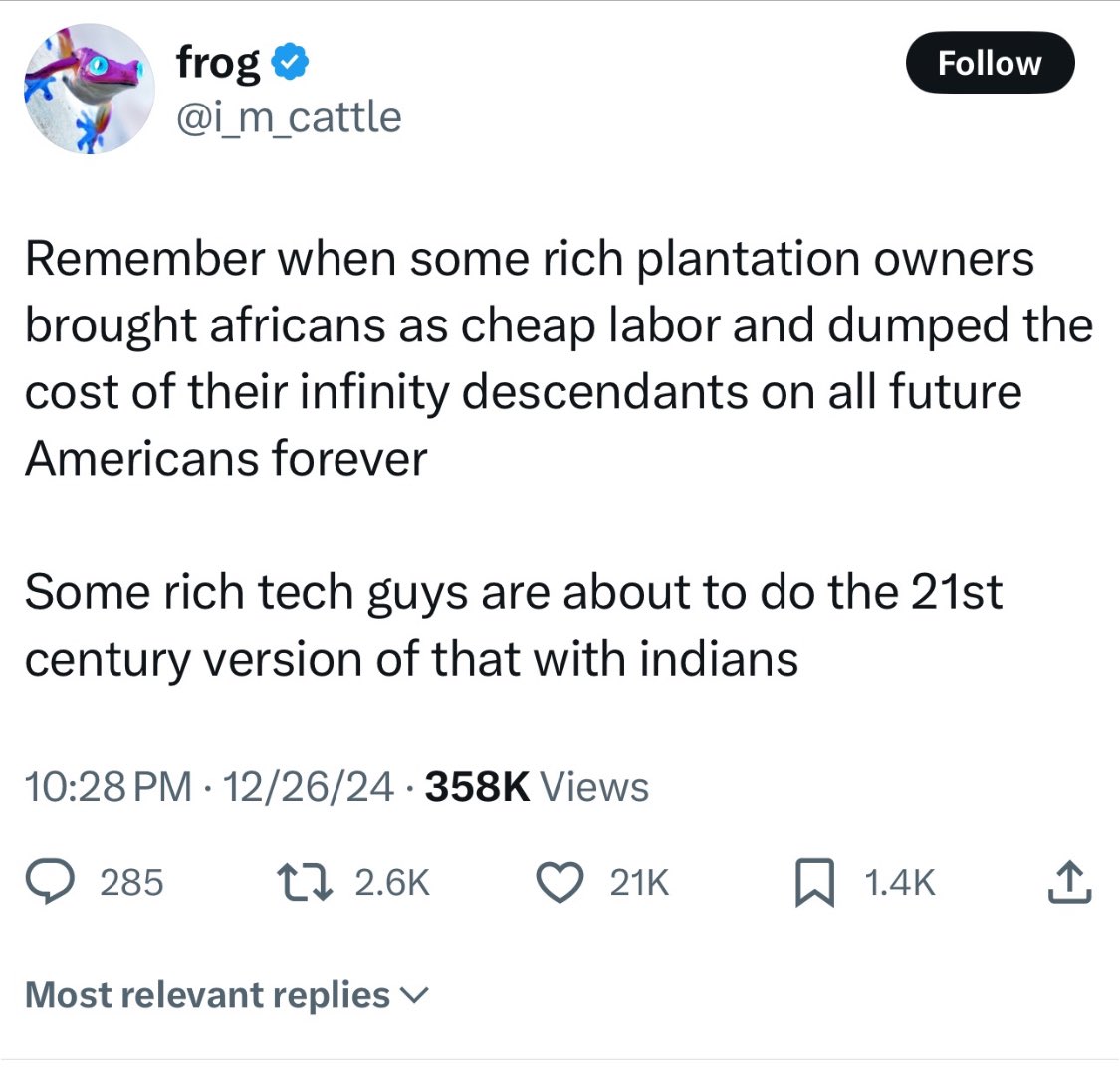 The racism.

21k likes.

That’s why y’all might lose this H1B fight.

I fight, not for you, but for my own. 

But a lot of people are sitting this fight out because so many on the Right are just feral, unhinged, unapologetic racists. 

People are happy to watch you get replaced.