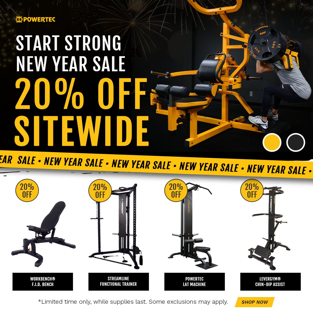 Powertec's tweet image. Start your new year strong with Powertec, the leader in home gyms since 1997. Build your dream setup and enjoy 20% off site wide on every strength piece—our gift to you for a powerful start to the year!