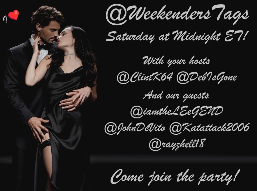 WeekendersTags's tweet image. Say! How about you come play

@WeekendersTags'

200th game? Maybe join @DebIsGone &amp;amp; @ClintK64 and our Persuasive Guests @JohnDeVito @rayzhell18 @iamtheLEeGEND &amp;amp; @Katattack2006 for some pre-New Year fun. You know. If you want to.

Saturday at Midnight ET!
Come join the party! I❤️