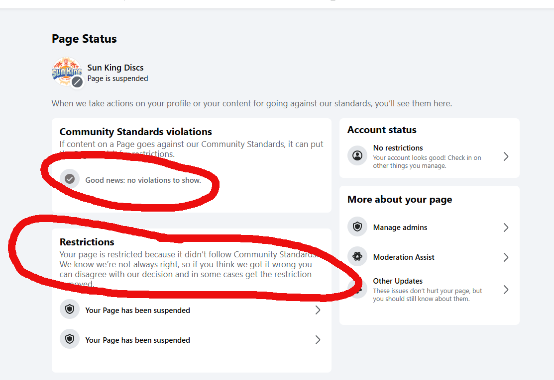 SunKingDiscs's tweet photo. Our Facebook page, Sun King Discs, has been shut down for nearly 2 months for no comprehensible reason. This also happened earlier this year but we were reinstated and you said sorry, we made a mistake. Please fix this. @facebook @Meta #facebookdisabledme https://t.co/PexWAs1Vo2