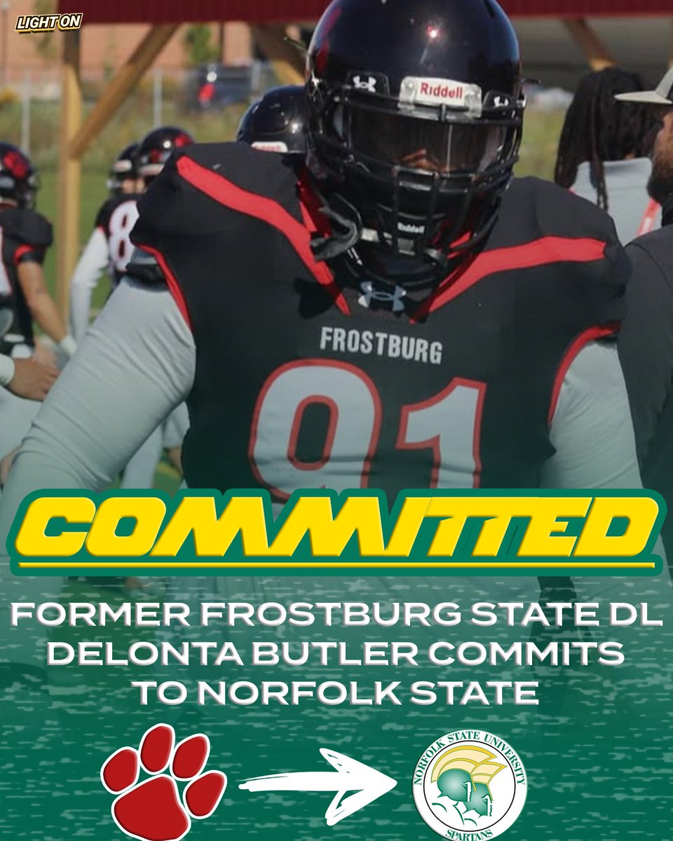 LightOnSports's tweet image. Former Frostburg State DL Delonta Butler has committed to Norfolk State, per his social media. 🔰🔥

The 6'4" 315-pound defensive tackle recorded 60 tackles, 8.5 tfl, and 2.5 sacks during his time with the Bobcats.

#BEHOLD @DelontaButler
