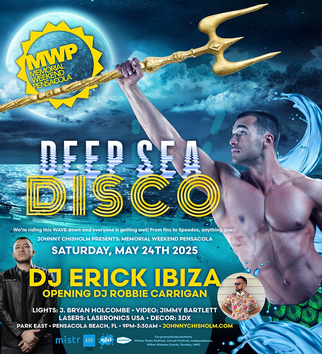 DEEP SEA DISCO
Saturday, May 24th 2025
DJ Erick Ibiza 
Opening  DJ <a href="/robbiecarrigan/">DJRobbieCarrigan</a> 
PARK EAST • P'COLA BEACH, FL • 9PM-3:30AM
For tickets and info johnnychisholm.com
#MemorialWeekendPensacola #mwp2025 #DjErickIbiza #djrobbiecarrigan