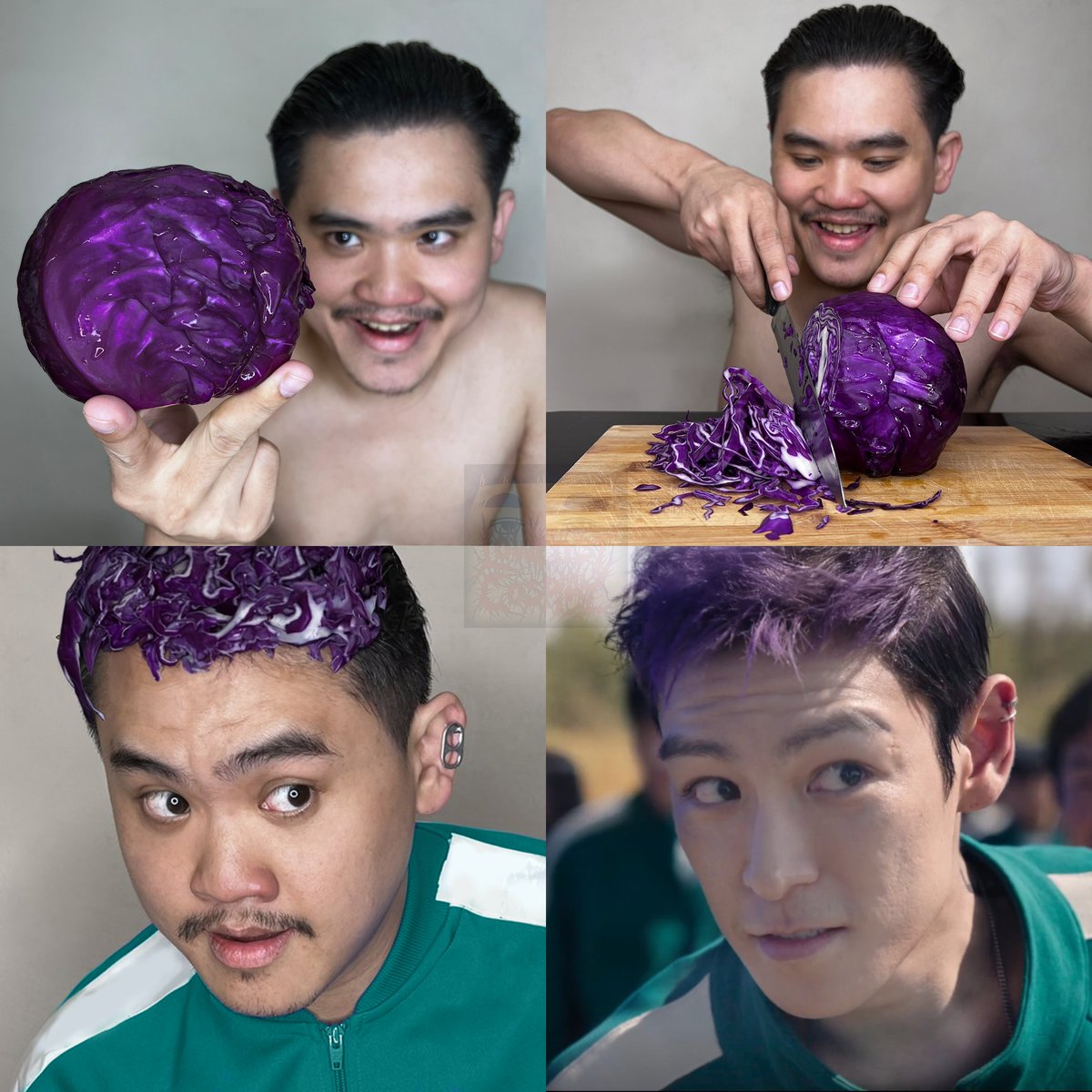 T.O.P Squid Game

#lowcostcosplay #squidgame #top #bigbang #topbigbang #thanos #rapper  #purple #cabbage #purplecabbage #hairstyle #vagetable #art #delicious