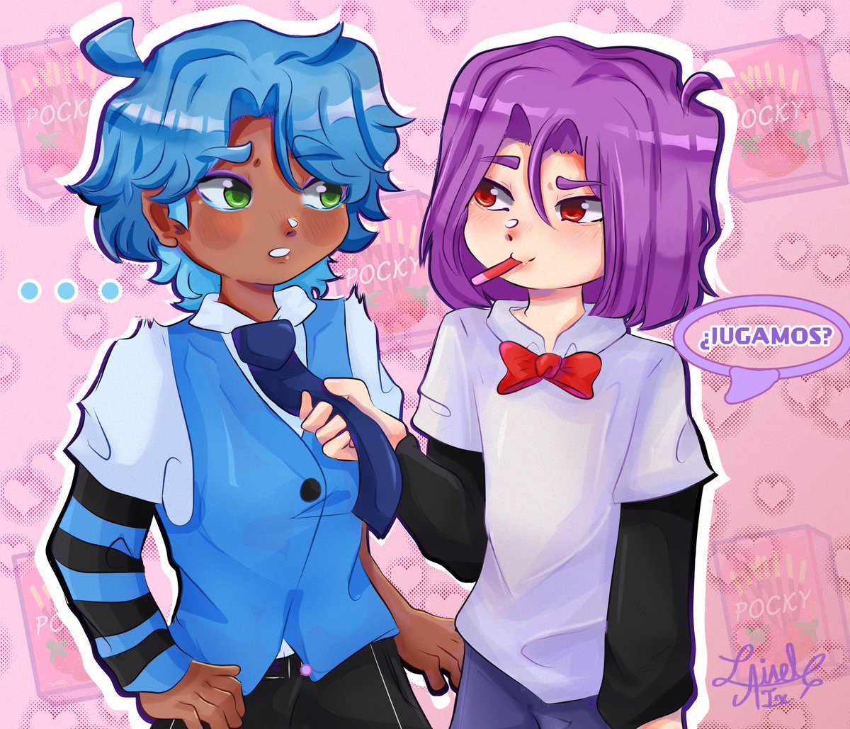 LiselAix's tweet photo. ¿¡Pocky?! - 
💜: ¿Jugamos o qué, Bon-Bon? 
💙 : ...Ojalá te atropelle un tren dentro de tu casa.

 JAJAJA ups, Bue' un dibujito de estos dos otra vez 😔, pero chibis 👍,, y metí de coladas a mis niñas porque re-amo sus diseños 🫶.

#FHSRE #FHSREMAKE #bxb https://t.co/BjoOowC00r
