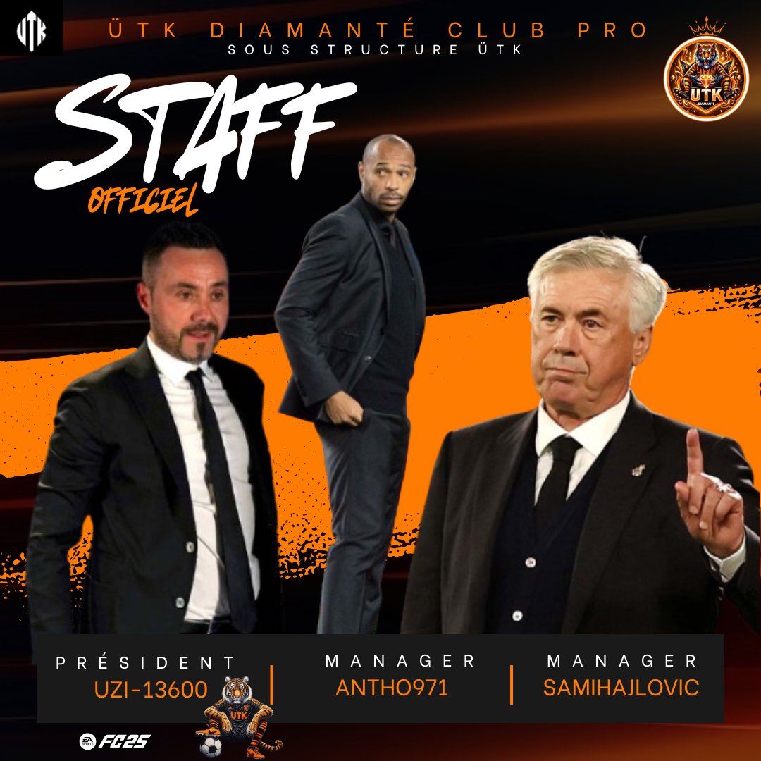 Staff au complet pour cette saison 2 ✍️
<a href="/utkdiamante/">ÜTK DIAMANTE</a> <a href="/FcEsperanza92/">Samihajlovic</a> <a href="/antho971/">antho97</a> , une belle saison à venir s'annonce pour l'équipe ütk diamanté ⚫🟠 #esport #clubpro #11vs11 #fc25