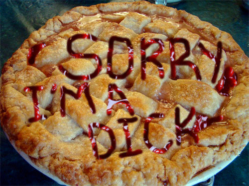 crowsfee's tweet image. I made an apology pie. 

But I couldn't fit 'sorry I almost got the entire team killed by insisting we fight a guy we weren't supposed to fight until like WAY later' so I went broader.