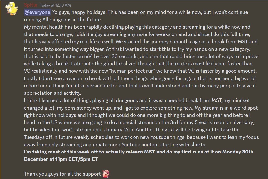 I just posted a big statement about not wanting to run All Dungeons anymore in the future. I will be running MST going forward and I will try out making more youtube content.
First MST runs: Monday 30th Dec 11pm CET