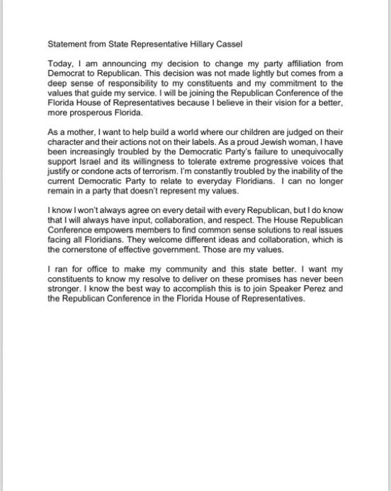 bennyjohnson's tweet photo. 🚨Florida Democratic State Representative Hillary Cassel has switched her party affiliation to Republican, making her the second to do so. https://t.co/ZP8UfV4Nv9