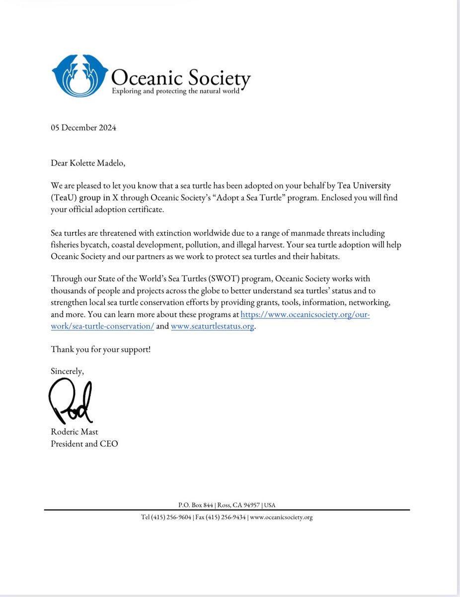 TeaU_OFC's tweet photo. One of TeaU’s special gifts to @kolettemadelo for her birthday is a donation to the Oceanic Society, which includes the adoption of an endangered sea turtle under her name. This gift was thoughtfully chosen because we wanted to give back to the environment while celebrating Kolette. 

Knowing her dream of pursuing Marine Biology, we believe this Sea Turtle Adoption will bring her joy and reflect her passion for marine life and conservation.
