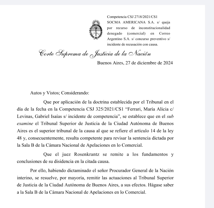 Hoy la Corte Suprema decidió que el Tribunal Superior de Justicia de CABA es quien va a decidir en lugar de la Corte.
A pedido de Macri, se desconoce la ley de competencia NACIONAL, y en CABA va a decidir la mesa judicial M.
El gobierno de los jueces
