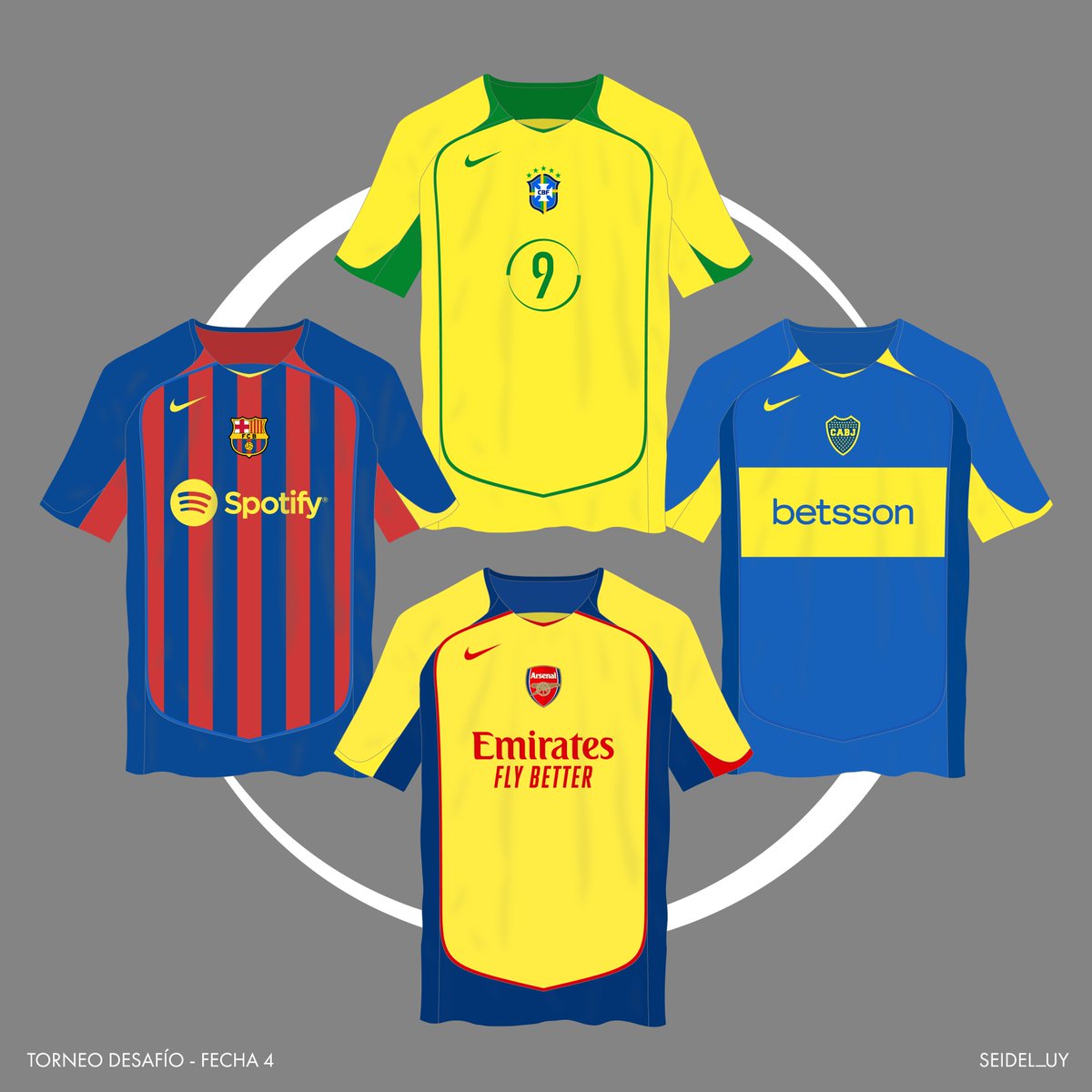 ENFRENTAMIENTO 1
🇪🇸 <a href="/miquelcrespo11/">Miquel</a> VS 🇺🇾 <a href="/seidel_uy/">seidel</a>
Presentar el Tempate Nike 25-26 inspirado en el Template TOTAL 90 en 4 camisetas:
- FBC Barcelona_Home
- Boca Juniors_Home
- Arsenal_Away
- Brasil_Home