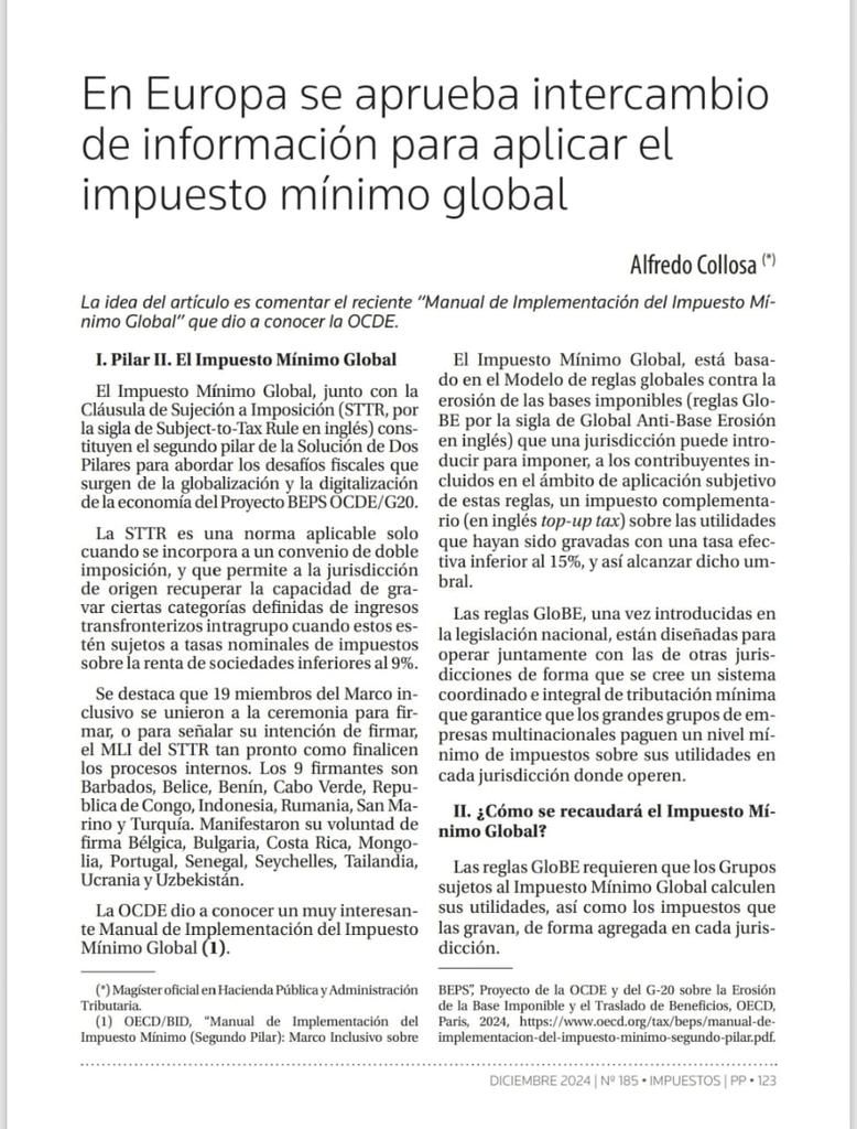 AlfredoCollosa's tweet photo. IMPUESTO MINIMO GLOBAL PILAR II
EUROPA APRUEBA INTERCAMBIO DE INFORMACION PARA SU APLICACION
Publicado en Revista Practica Profesional N185 Editorial La Ley
Muchas gracias Andrea Rosana Quintana Humberto Bertazza Alberto Baldo
Alfredo Collosa
#PilarII
#ImpuestoMinimoGlobal https://t.co/WuNmeodS95