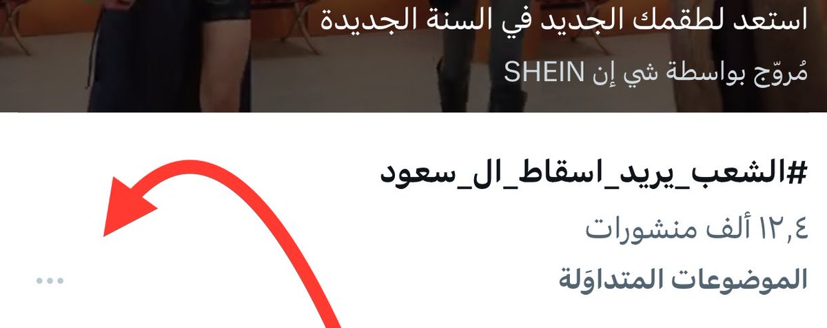 لا تشارك بالهشتاق للرد 
انت بهذه الطريقة تساعد على رفعه ليتصدر الترند 
فقط 
ادخل على قائمة الهشتاقات واضغط على الثلاث نقاط الموضحة بالسهم وبلغ عن الهشتاق باختيار مسيء وضار