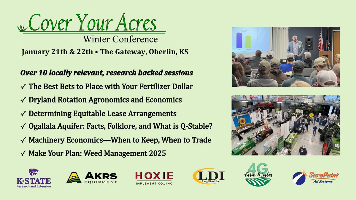 WKREC (@kstatewkrec) on Twitter photo 🌾 Crop producers and consultants: Join us for the 22nd annual Cover Your Acres Winter Conference on Jan. 21-22 at the Gateway Civic Center in Oberlin, KS! 🚜 Explore new ideas, tech, and conservation practices to boost profitability.
📅 Details & Registration: 🌾 Crop producers and consultants: Join us for the 22nd annual Cover Your Acres Winter Conference on Jan. 21-22 at the Gateway Civic Center in Oberlin, KS! 🚜 Explore new ideas, tech, and conservation practices to boost profitability.
📅 Details & Registration: