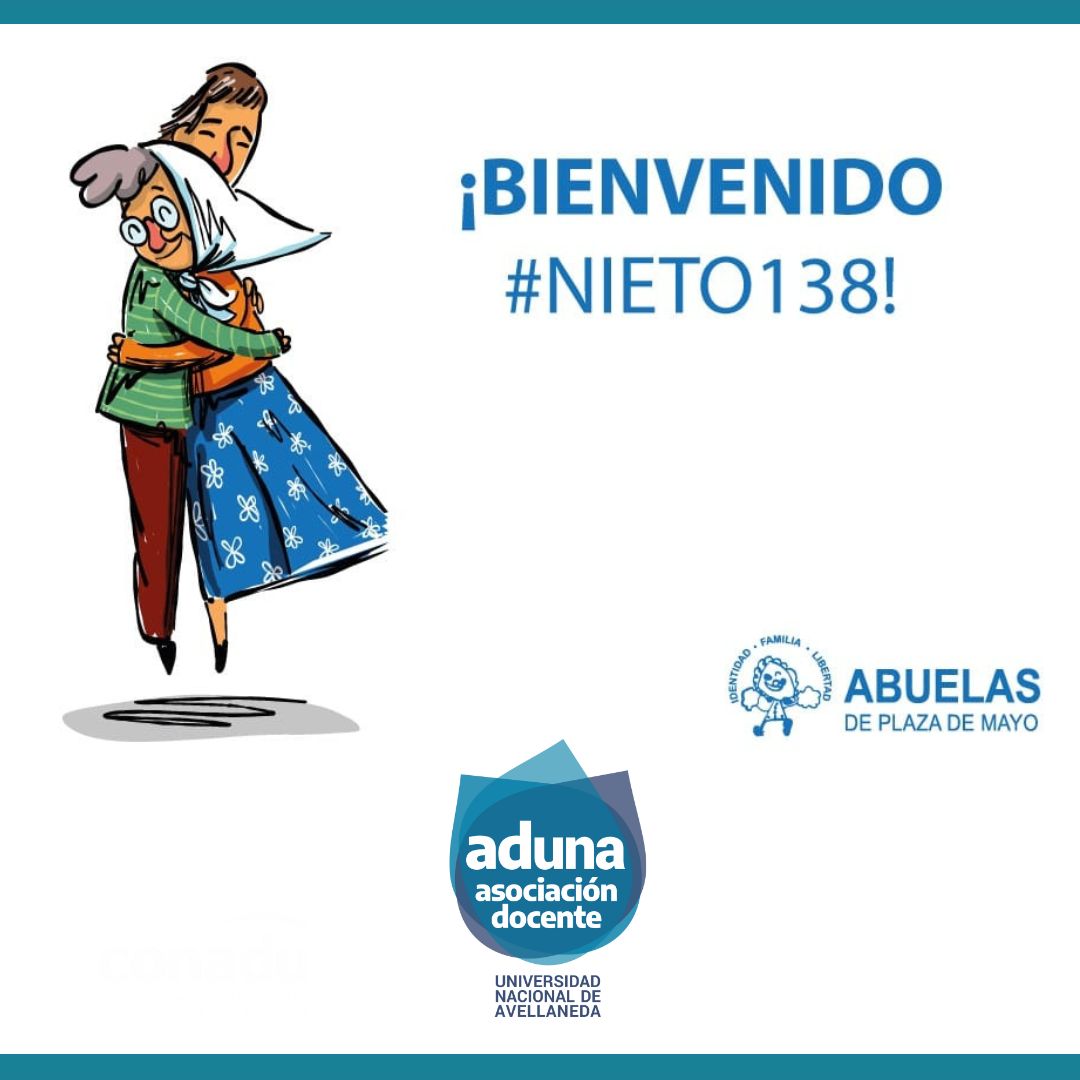 ADUNA celebra la aparición del #Nieto138. Enviamos un caluroso abrazo a las Abuelas de Plaza de Mayo. Cada nieto recuperado es un logro para todos. Es amor, es lucha, es la vida triunfando sobre la muerte. 
Que continúen los encuentros. Memoria, Verdad y Justicia. 

#nieto138