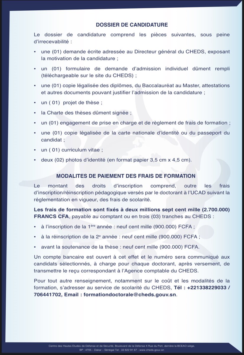 CHEDS_'s tweet photo. 🚨 APPEL À CANDIDATURES 🚨
Première promotion de la Formation doctorale « Défense, Sécurité et Paix » du #CHEDS, en partenariat avec l’#UCAD.
Dépôts de candidatures jusqu’au 15 janvier 2024.
Plus d’informations ci-dessous ⬇️⬇️⬇️ https://t.co/Jy5mJW1xbD