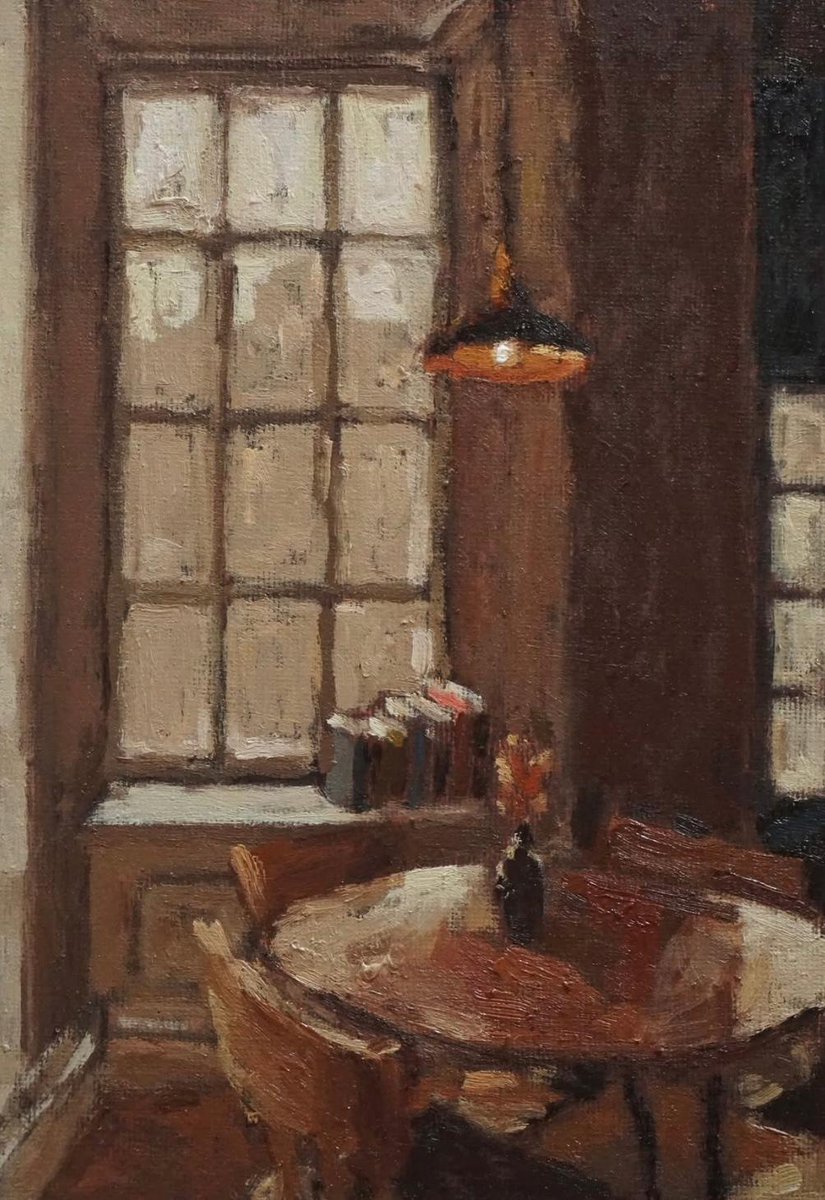 We want to live in this cosy scene by Caroline Ann Mordue, which will be coming to <a href="/openeyegallerye/">Open Eye Gallery</a> in January #scottishart #edinburgh #ntart #gallery #painting
