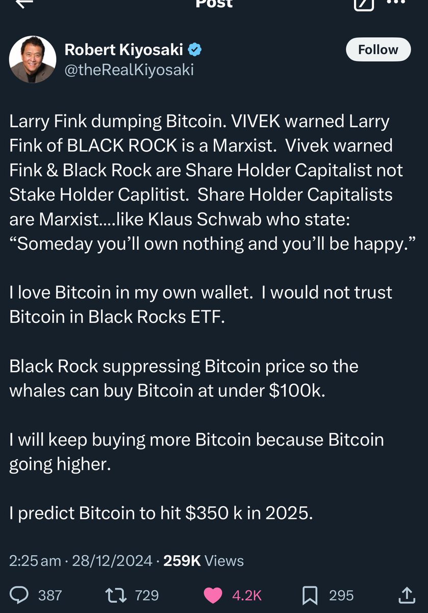 yourfriendSOMMI's tweet photo. ❤️💛💚💙

Robert Kiyosaki is going hard at the Bitcoiner Cucks who believe in giving self-custody to third parties like Blackrock and ETFs.

Wall Street Guys like Freddy Kreuger are effectively supporting a marxist https://t.co/PvgYzFNoin