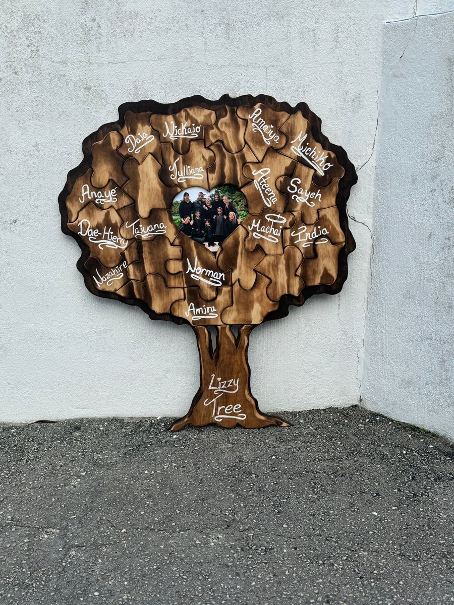 BuilderChiko's tweet photo. My Nana's surprise Christmas gift. A family tree with all of her children, grand children, and great-grandchildren's names. Removable puzzle pieces. #chikothebuilder https://t.co/gdabUSYHQn