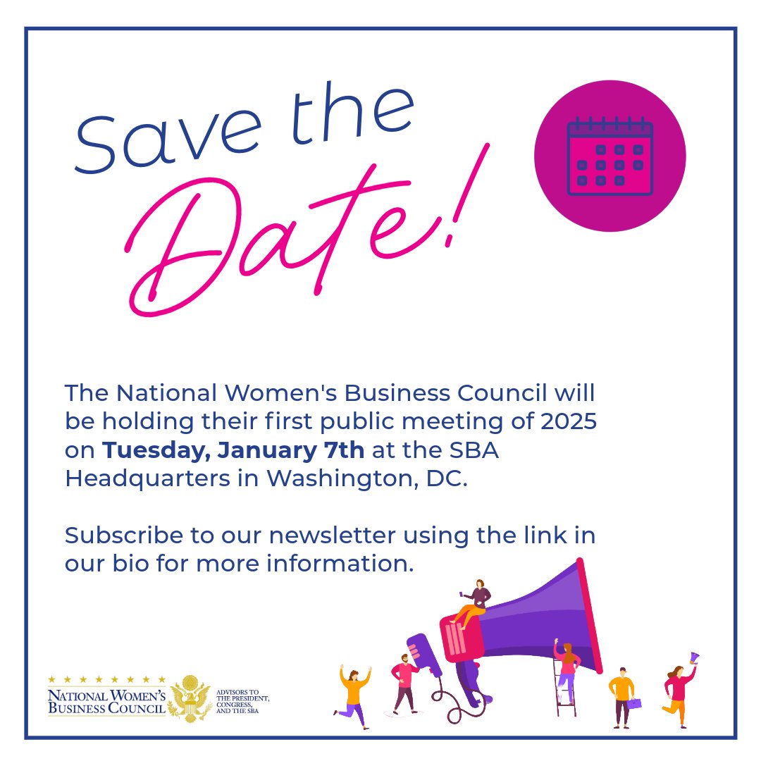 Mark your calendars! 📅📅
 
NWBC will be hosting the first public meeting of 2025 on Tuesday, January 7th, 2025, at the SBA Headquarters in Washington, DC from 10am to 4pm.
 
You don't want to miss this! Register now via Eventbrite at eventbrite.com/e/111289123062….