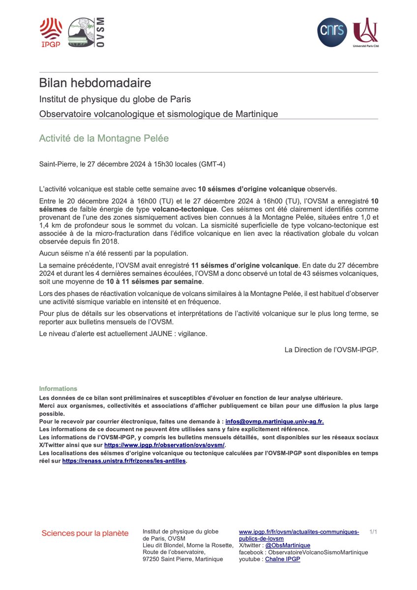 Le bilan hebdomadaire de l’activité de la Montagne Pelée pour la période du 20 au 27 décembre 2024 est disponible. Retrouvez les bilans précédents sur le site de l'OVSM-IPGP: ipgp.fr/fr/ovsm/bilans