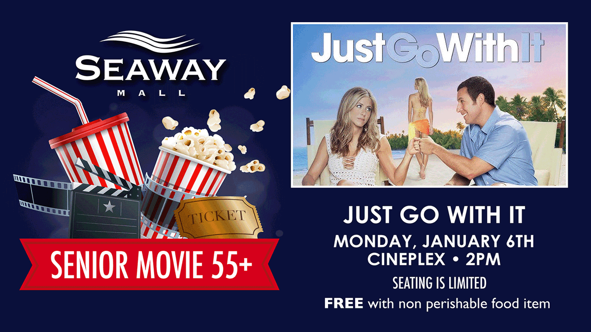 SeawayMall's tweet photo. January Senior Movie: Just Go With It
Monday, January 6th – 2pm 🍿

FREE with non-perishable food item.
Seating is limited. https://t.co/sDTzlEHb1m