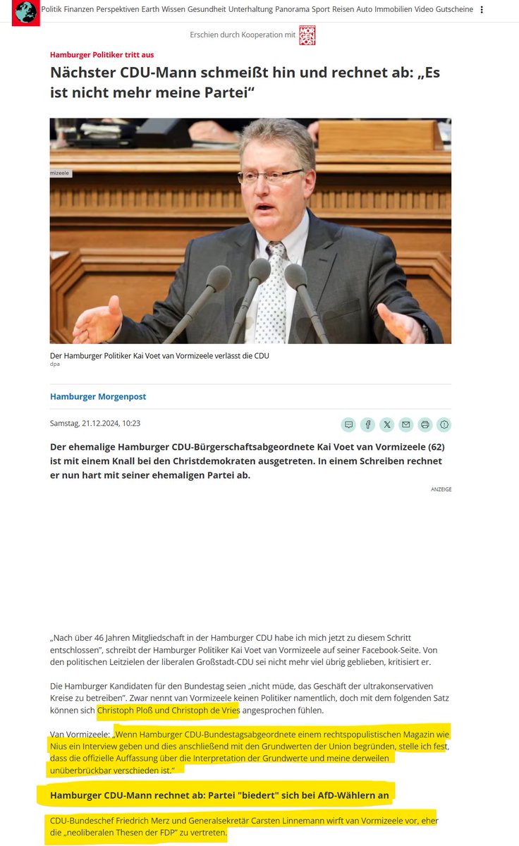 Und noch ein CDU-Politiker schmeißt hin, weil ihm die CDU zu dicht an die AfD ruckt. 

Merz wirft er vor die neoliberalen Ziele vom Lindner zu vertreten.

Er stellt fest, dass "die offizielle Auffassung über die Interpretation der Grundwerte" und seine "derweilen unüberbrückbar