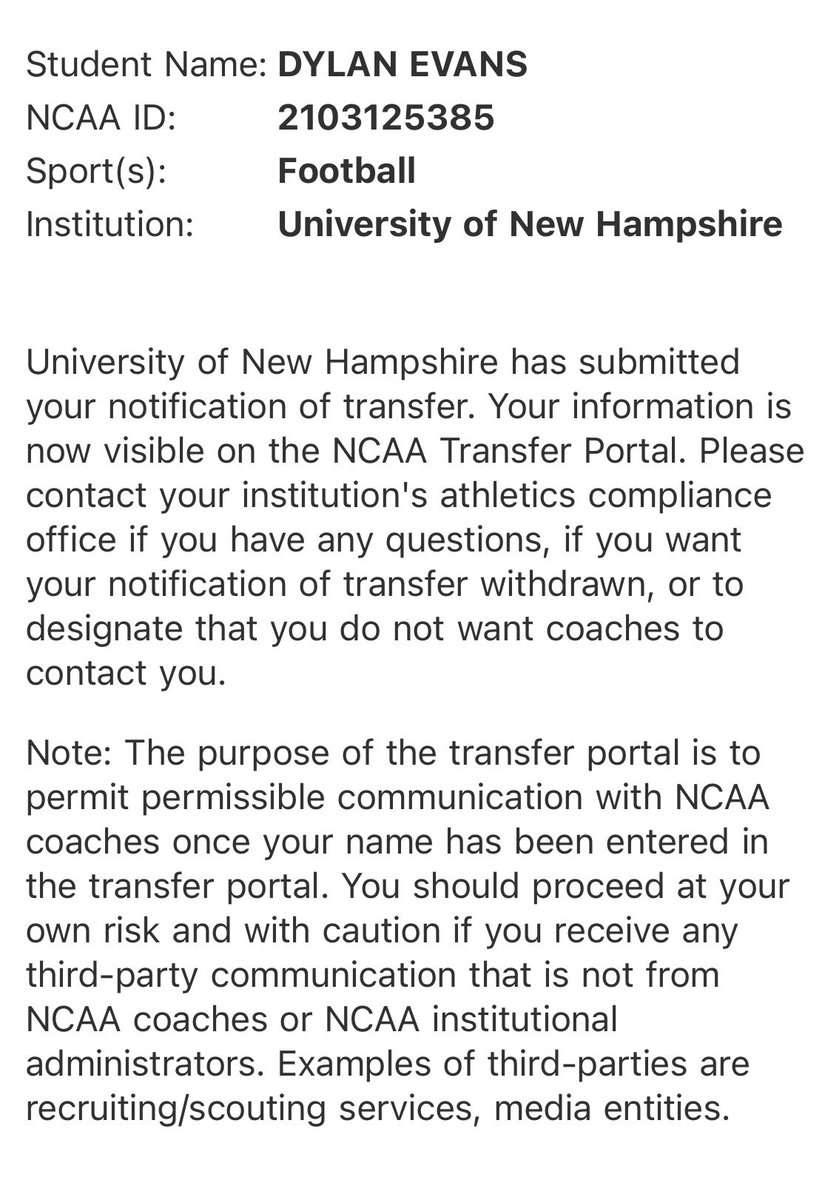 DylanEvansOP23's tweet image. I have officially entered the transfer portal with 3 years of eligibility left.
@WR_COACH_O @CoachMcCannERT @DEvansIT