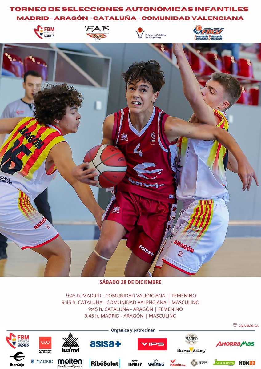 Horarios del torneo amistoso infantil para mañana, sábado 28 de diciembre, en la Caja Mágica: 

⛹🏼‍♀️ Femenino:
9:45 h.  Madrid - <a href="/fbcv_es/">FBCV</a> 
9:45 h. <a href="/FCBQ/">FCBQ</a> - <a href="/FabasketAragon/">FABASKET</a> 

 ⛹🏻 Masculino:
9:45 h. <a href="/FCBQ/">FCBQ</a> - <a href="/fbcv_es/">FBCV</a> 
9:45 h. Madrid - <a href="/FabasketAragon/">FABASKET</a>