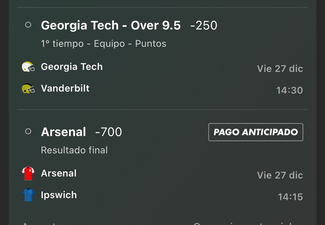PICK 19 PREMIER LEAGUE Y NCAA

- Georgia Tech Over 9.5 en el primer tiempo.
- Arsenal ML

Momio -160

#NCAA #PremierLeague